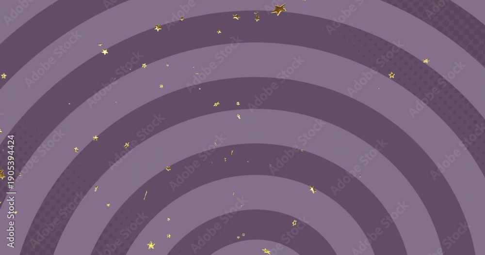 Fototapeta premium Featuring concentric rings on mauve purple backdrop, halftone gold stars flecks upper-right checker