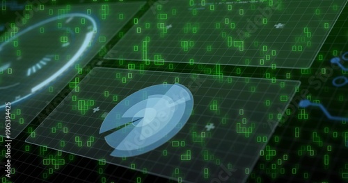 Floating pale blue hologram disc hovering over dark grid plane, with glass panels and green pixels