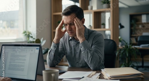 Office worker showing stress and mental overload at desk, modern workplace, natural daylight
