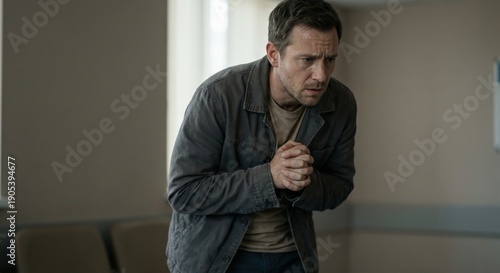 Man waiting with anxious expression indoors, emotional tension, natural light
