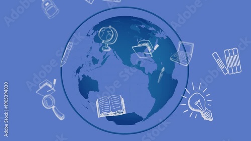 On play globe centered, study icons orbiting clockwise, fading, zooming, showing global education