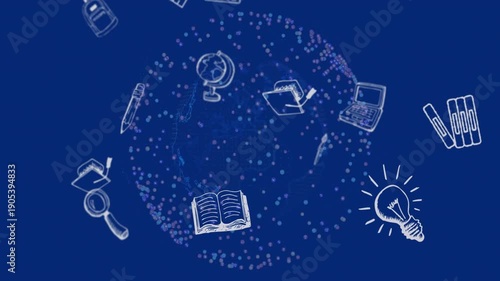 On play, central dotted sphere rotating as school icons orbiting, drifting in, showcasing learning