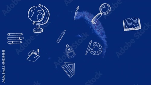 Pulsing globe causing white sketched icons appearing, orbiting, rotating, showing learning links