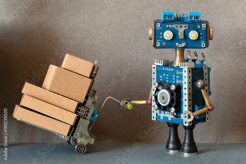 Εκτύπωση καμβά Happy smiling blue robot warehouse worker sorter pushing cart loaded with cardboard boxes