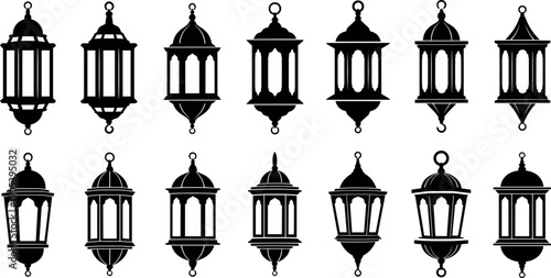Vintage lantern silhouettes collection, decorative hanging lamps vector set, classic street light illustration, antique lighting design isolated black and white graphic
