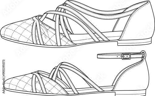 Women flat sandal technical drawing, fashion footwear line art vector illustration, stylish summer shoe outline design, female casual sandal sketch isolated