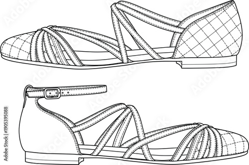 Women flat sandal vector illustration, fashion footwear line art design, summer casual shoe outline, stylish female sandal sketch isolated on background