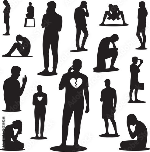 Set of people showing various sad and depressed emotions and gestures
