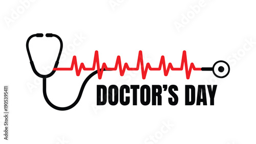 Doctors Day medical line illustration with stethoscope and red heartbeat ecg line on white background honoring healthcare professionals care and dedication