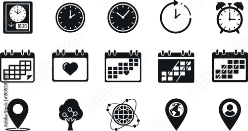 Set of clock, alarm, calendar, and location icons for scheduling, planning, time management, and modern mobile apps