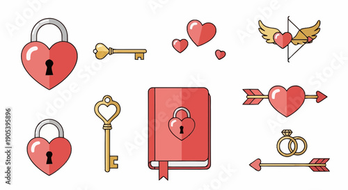 Collection of romantic and love themed icons including hearts keys locks and symbols to represent love relationships and affection