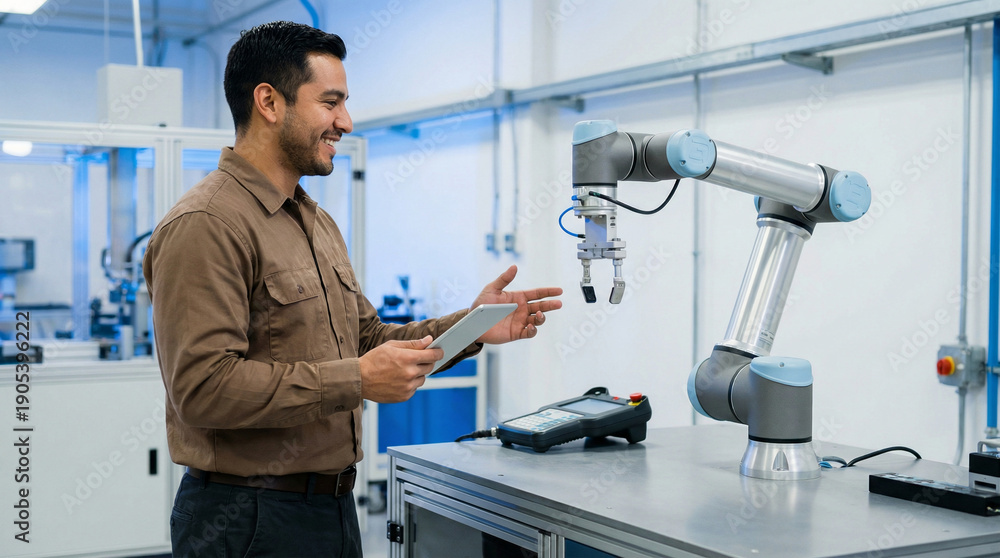 Fototapeta premium Modern engineer smiling while programming an advanced robotic arm using a digital tablet, showcasing human-machine collaboration in an innovative industrial setting for automated manufacturing