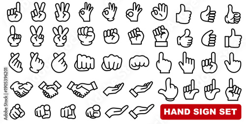 多様な手のジェスチャーを集めたハンドサインアイコンセット　指差し・OK・グー・ピース対応