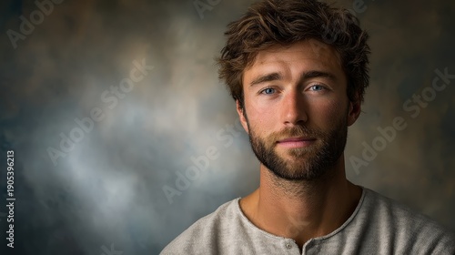 Portrait of Handsome Young Man with Blue Eyes and Beard