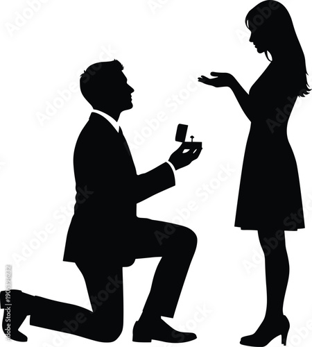 Romantic marriage proposal silhouette, man kneeling with ring box, woman surprised, emotional engagement moment, love commitment, wedding promise illustration scene