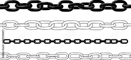 Set of horizontal metal chain links in black and outline styles, seamless industrial connection elements for design and decoration
