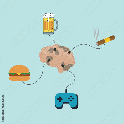 Conceptual vector illustration of a brain plugged into junk food, beer, cigarette and game controller, symbolizing addiction, overstimulation, unhealthy habits and loss of self-control in modern lifes
