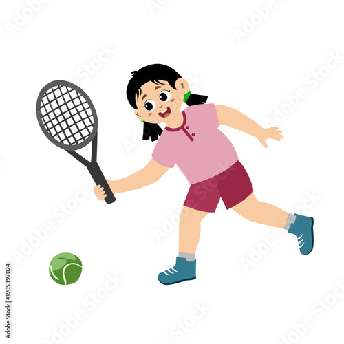 Athlete Cute girl Playing Tennis. little kid mini tennis sport. Cartoon Cute kids girl playing tennis