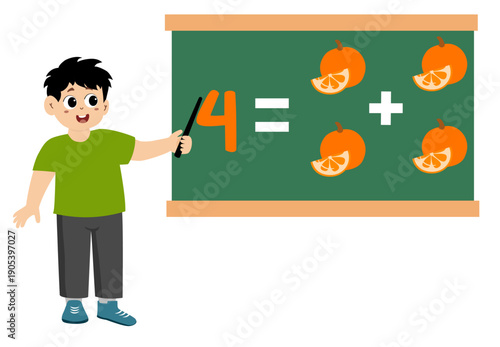 little kid learns subtraction and addition of fruit in blackboard