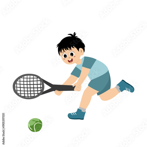 Athlete Cute Boy Playing Tennis. little kid mini tennis sport. Cartoon Cute kids boy playing tennis