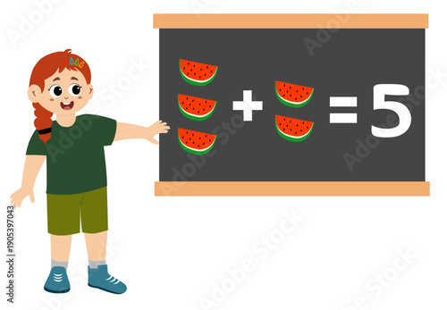 little kid learns subtraction and addition of fruit in blackboard