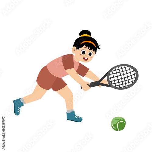 Athlete Cute girl Playing Tennis. little kid mini tennis sport. Cartoon Cute kids girl playing tennis
