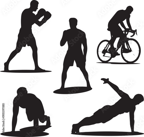 Silhouettes of people exercising and playing sports outdoors