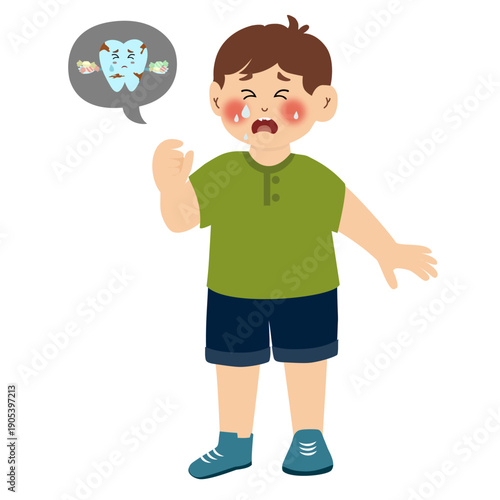 Little kid has a toothache from eating too much sugar. Vector illustration of a boy with a cavity from eating too much sugar. An unhappy child suffers from painful dental symptoms due to a poor diet.