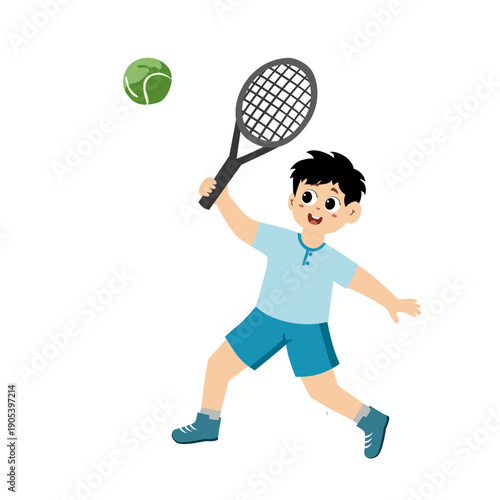Athlete Cute Boy Playing Tennis. little kid mini tennis sport. Cartoon Cute kids boy playing tennis