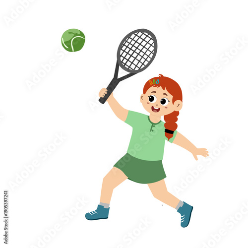 Athlete Cute girl Playing Tennis. little kid mini tennis sport. Cartoon Cute kids girl playing tennis