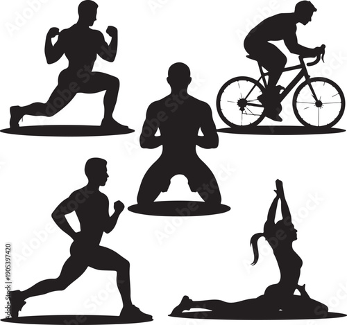 Silhouettes of people exercising in various fitness poses and activities