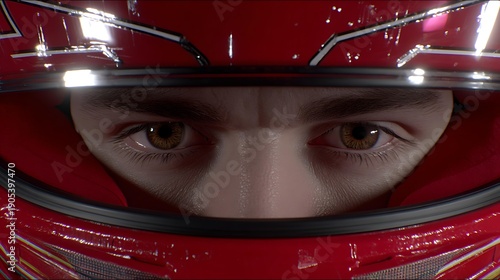 Hyper-realistic close portrait of race car driver eyes helmet visor reflections dramatic contrast cinematic tone macro photography style straight-on angle, Realistic Photo
