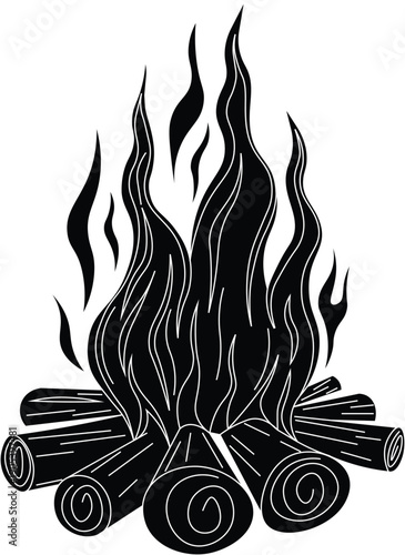 Silhouette of a huge campfire with flames blazing high. Bonfire vector.