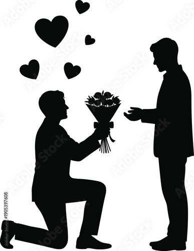 Romantic silhouette illustration, man kneeling with bouquet of flowers, woman accepting gesture, hearts above symbolizing love, proposal, affection, celebration moment