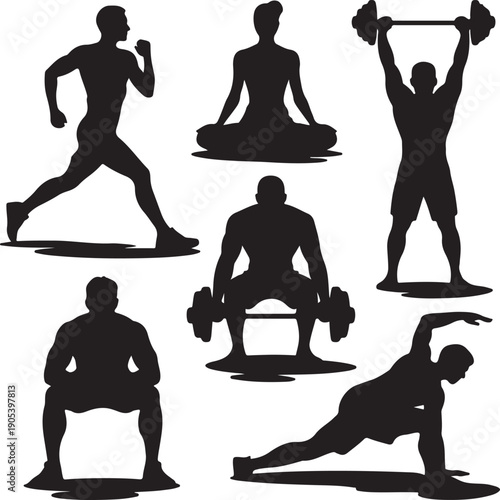 Silhouettes of people exercising with dumbbells and running