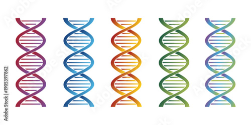 Collection of DNA helix icons representing genetic science and research. Colorful DNA Helix Icons Set – Genetic Science, Biotechnology and Medical Vector Collection.