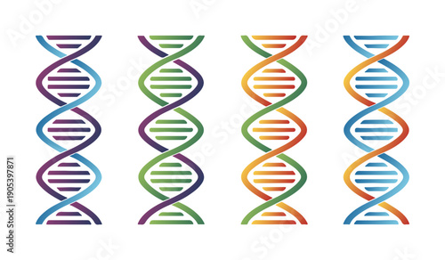 Collection of DNA helix icons representing genetic science and research. Colorful DNA Helix Icons Set – Genetic Science, Biotechnology and Medical Vector Collection.
