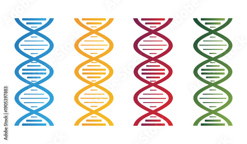 Collection of DNA helix icons representing genetic science and research. Colorful DNA Helix Icons Set – Genetic Science, Biotechnology and Medical Vector Collection.