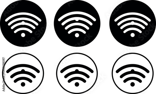 Set of Wi-Fi signal icons in filled and outline styles representing wireless internet connection and network strength