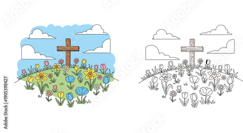 Easter wooden cross on a hill with spring flowers daffodils and tulips. Religious resurrection landscape. Colored illustration and black and white outline for coloring book page.