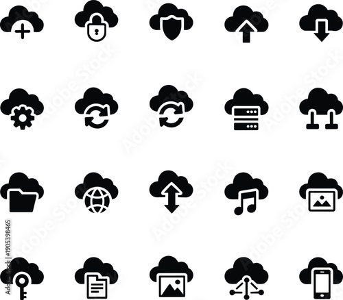 Black Minimalist Cloud Computing Icon Set Featuring Data Storage Secure Hosting Upload Download File Management Network Sync Infrastructure and Digital Online Database Services for Tech