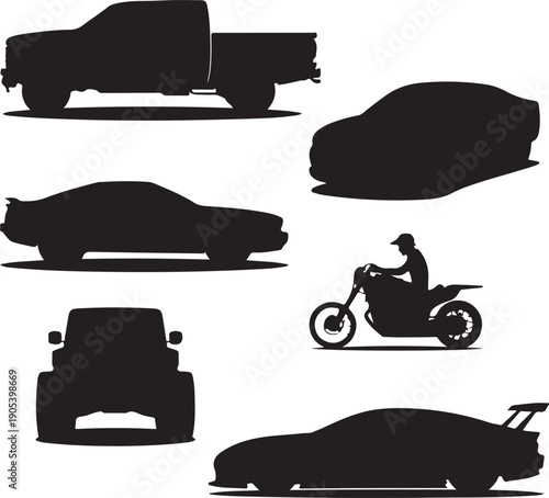 Silhouettes of various vehicles on white background