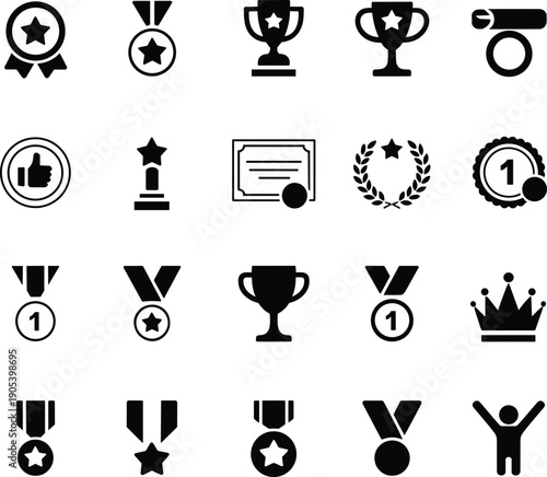 Black Minimalist Award and Achievement Icon Set Featuring Gold Medals Trophies Winner Ribbons Certification Diploma First Place Badges Success Crown and Celebration Symbols for Recognition