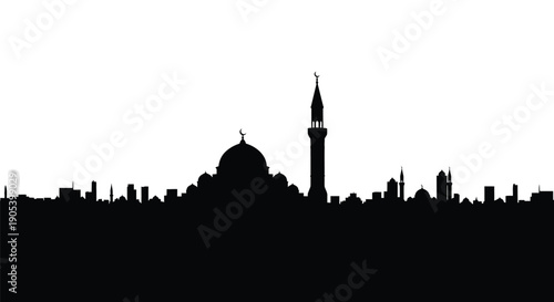 Islamic city skyline silhouette with mosque and minaret on white background