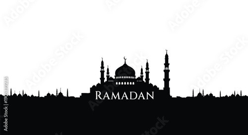 Ramadan mosque silhouette with minarets and dome on white background