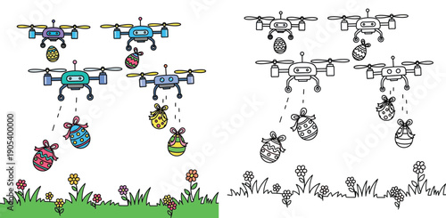 Modern Easter drones delivering decorated eggs vector illustration set with colorful and black and white outline coloring page version on spring flower grass background