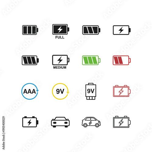 Set of battery charge level indicators and battery types.