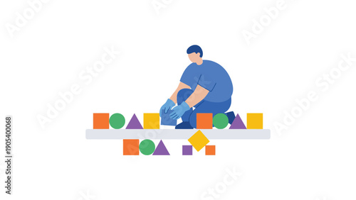 Man Building with Colorful Blocks on Table