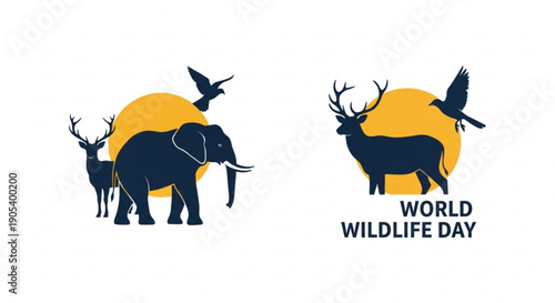 World wildlife day logo with animal silhouettes and yellow sun on white background for conservation and awareness campaigns