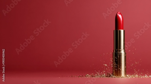 A vibrant red lipstick stands with glitter accents against a rich red backdrop, symbolizing boldness, glamour, and self-expression in beauty.
